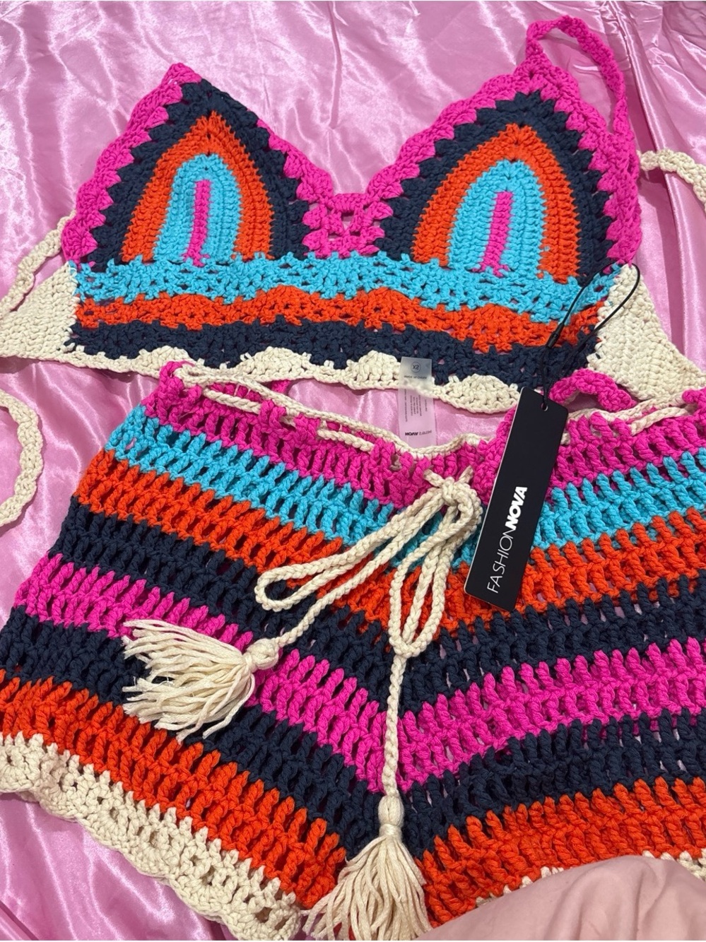 Fashion Nova Pink, Orange, Turquoise Crochet Two-Piece Set